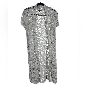 Eileen Fisher Luster Long Open Crochet Linen Blend Cardigan Vapor Grey small